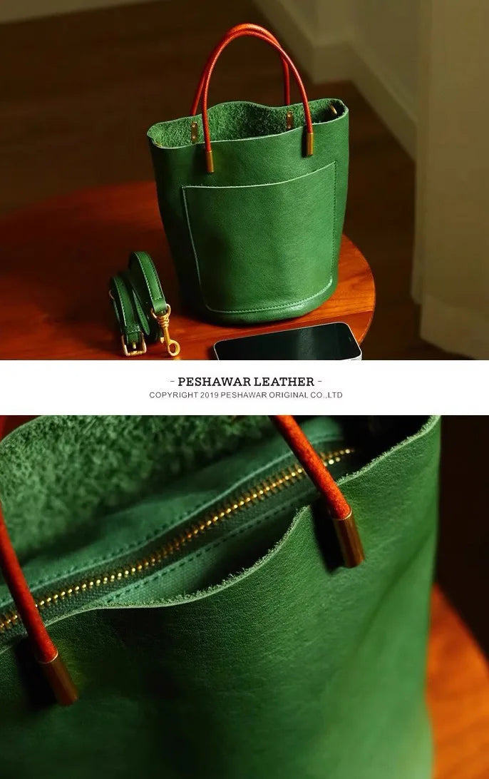 Women's Bag Japanese Green Bucket Bag Fashion Handbag Simple Versatile Pu Leather Trendy New Exquisite Hardware Zipper Handbag