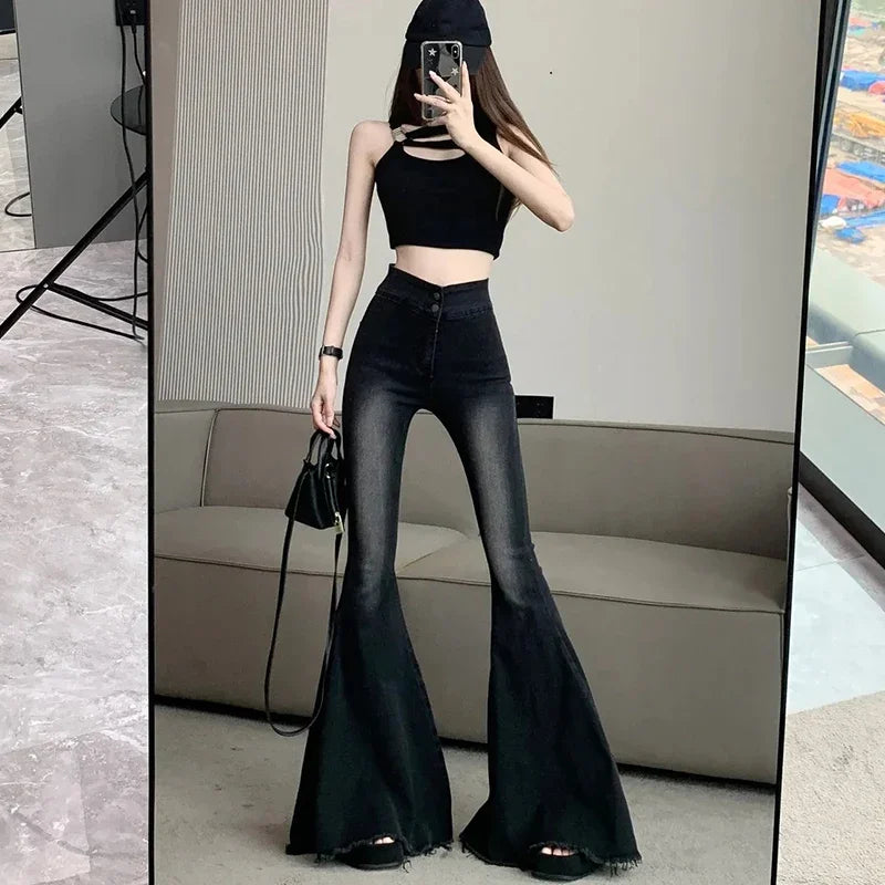 Lucyever Aesthetic Hot Skinny Flare Jeans Women Vintage Slim Fit High Waist Denim Pants Woman Y2K Streetwear Wide Leg Trousers