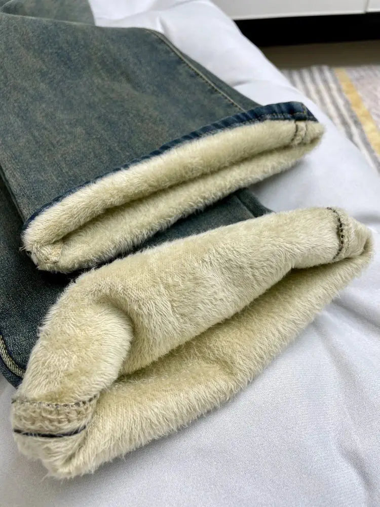 Cozy Fleece Lined Vintage Blue Jeans Women Winter High Waist Slim Fit Bootcut Pants Simple Autumn Warm Comfortable Denim