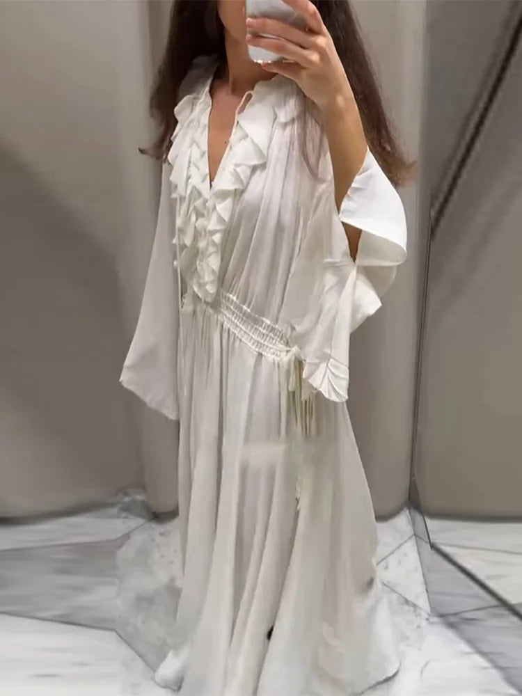 Elegant Solid Flounces Dresses Chic Loose V Neck Full Sleeve Female Long Robes New Lady Summer Commute Vacation Dress 2025