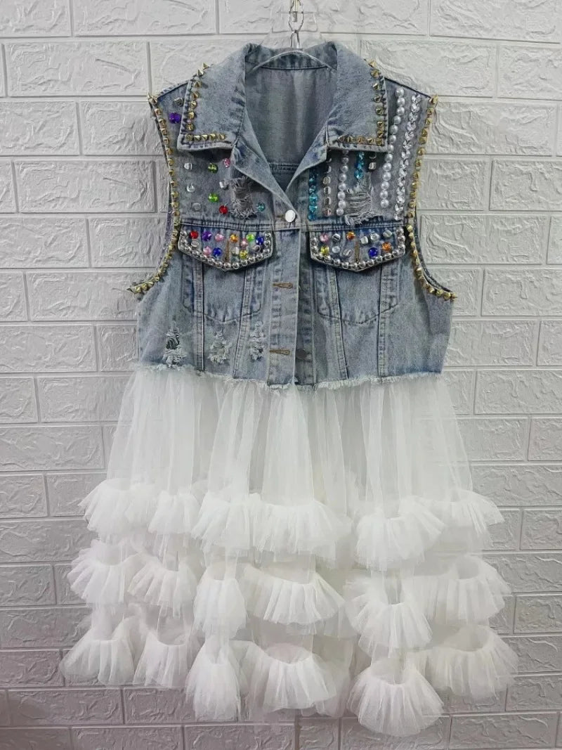Women Rainbow Color Diamonds Beaded Mesh Ruffles Splice Jeans Jacket Multi-layers Mesh Rhinestone Denim Vests Cardigan Tank Tops