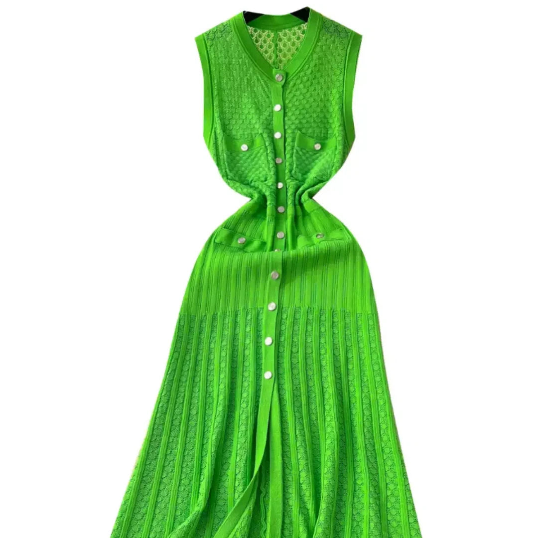 Ladies 2024 Summer Black Sexy Sleeveless O-neck Single Breasted Knit Dress Women Green Elegant Slim Fashion Pleated Long Dresses