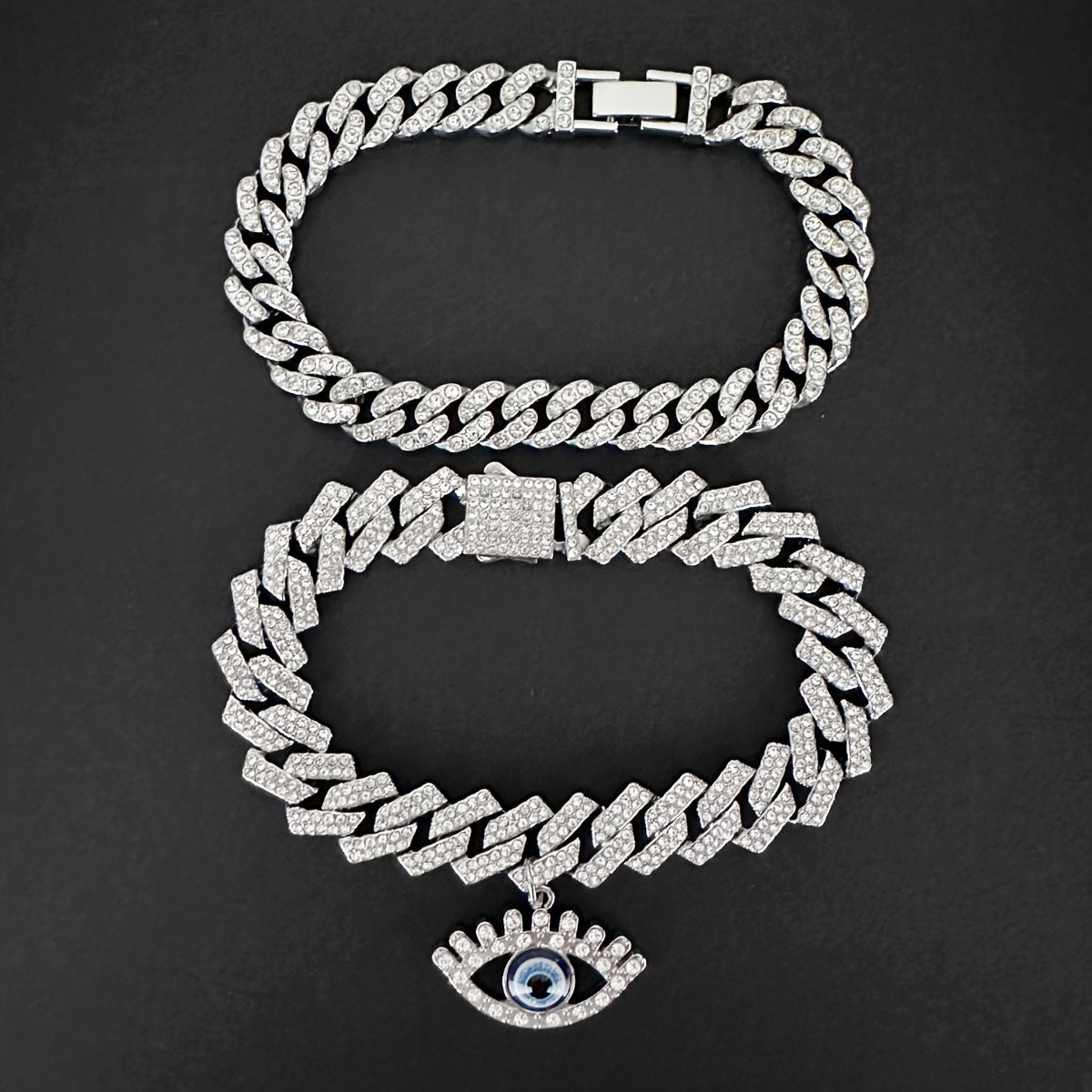 2pcs Set Hip Hop Punk Style Angel Eyes Pendant Anklets with Sparkling Rhinestones - Zinc Alloy, Perfect for Festivals & Casual Attire