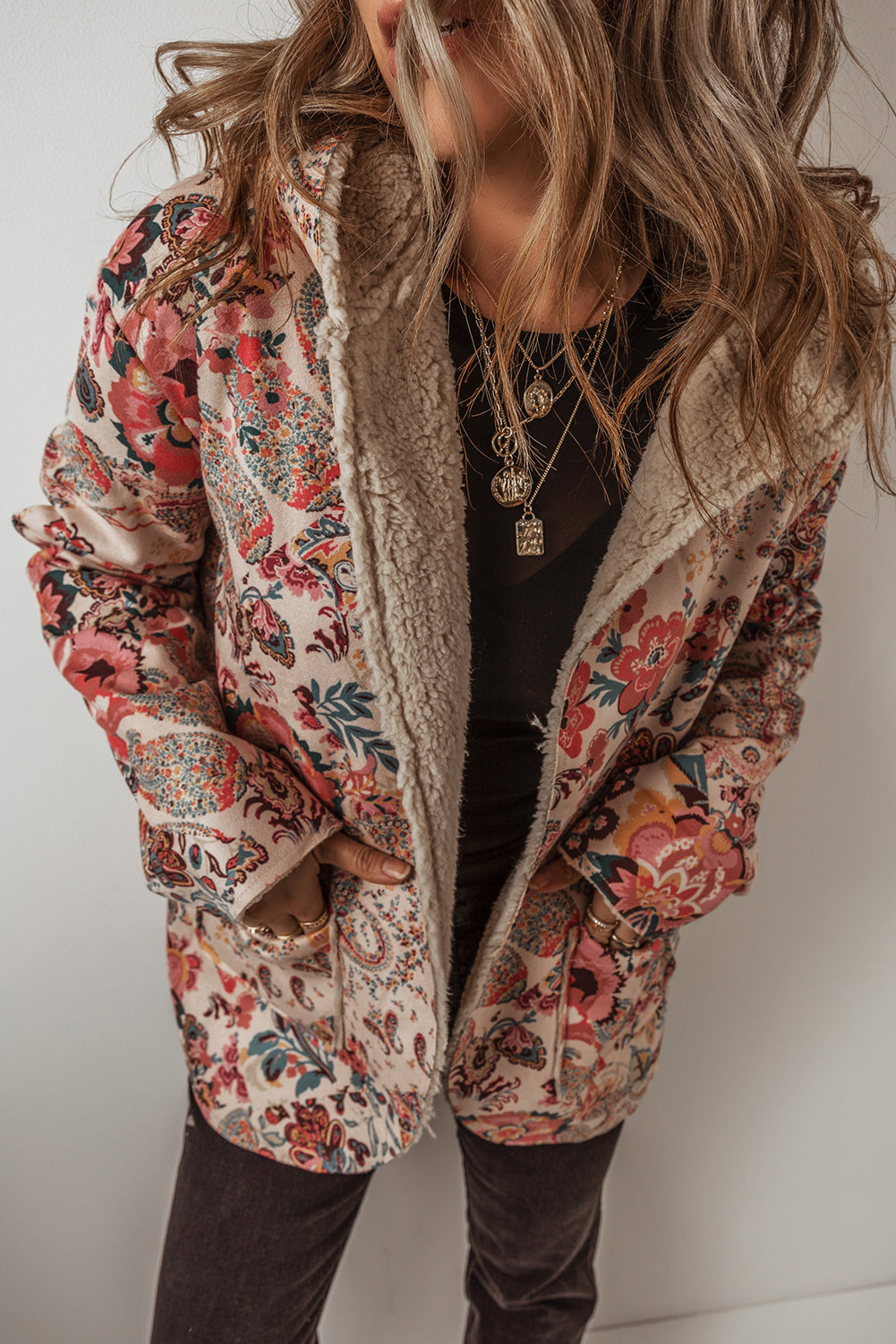 Khaki Vintage Floral Printed Sherpa Lined Hooded Jacket