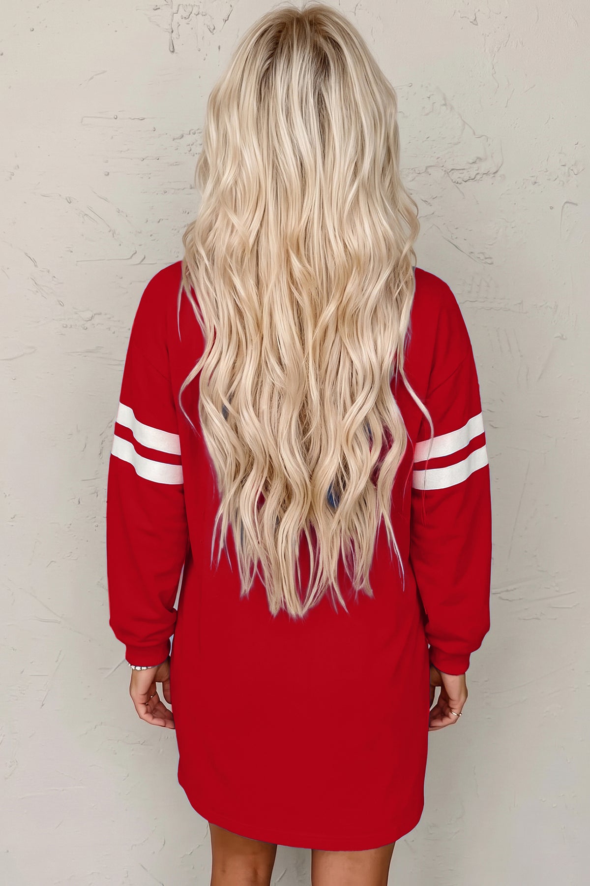 Fiery Red Varsity Contrast Banded Sleeve Shift Sweatshirt Dress