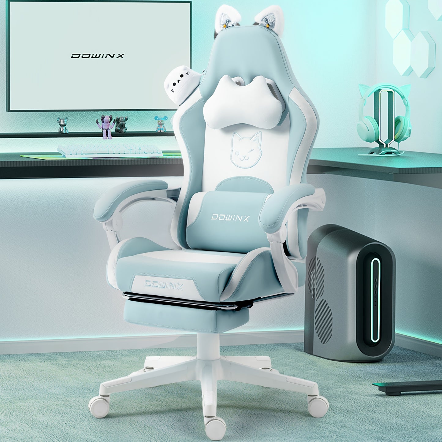 Dowinx Gaming Chair Cute with Cat Ears and Massage Lumbar Support, Ergonomic Computer Chair for Girl with Footrest and Headrest, Comfortable Reclining Game Chair 290lbs for Adult, Teen Back-to-school Season Gift, School Suppl