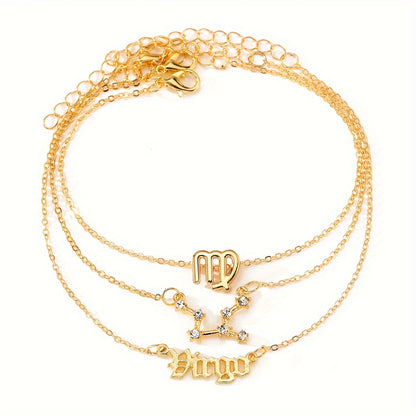 3 Pieces/ Set Golden Zodiac Anklets Set, Bohemian Elegant Ladies Multi-Piece Chain, Fashion Astrological Sign Charms For Women