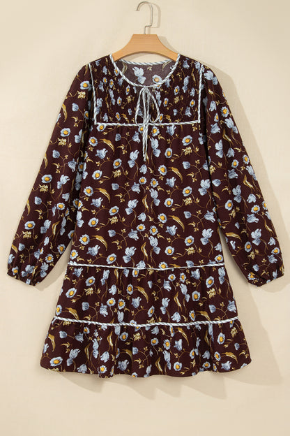 Brown Floral Print Shirred V Neck Shift Dress