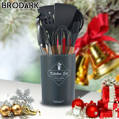 12pcs/set, Brodark, Silicone Cooking Utensils Set With Wooden Handle, Colorful Non-stick Pot Special Cooking Tools Set, Heat Resistant Turner, Tongs, Spatula, Spoon, Oil Brush And Whisk, Kitchen Supplies, Suitable For Restaur