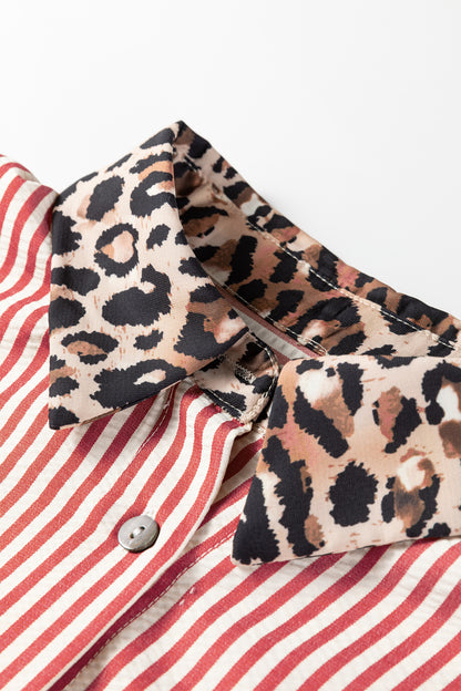 Racing Red Striped Leopard Print Patchwork Button Up Womens Shirt