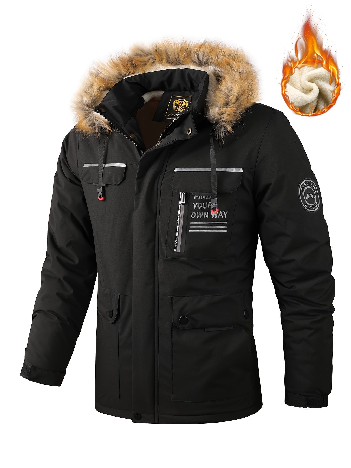 Herren-Winterwindjacke mit warmer Kapuze – Bordeauxroter Outdoor-Mantel mit Reißverschluss, Stehkragen, mehreren Taschen, lässig-sportliches Design für kaltes Wetter, Winterjacke