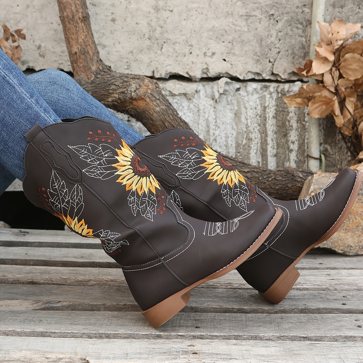 Bestickte Westernstiefel für Damen, mittelhoch, aus Kunstleder, Damenschuhe