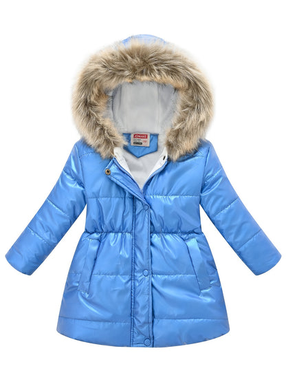 Winterjacke für Kinder im neuen Stil: Dicke, glänzende Kapuzenjacke für Jungen und Mädchen, mittellang