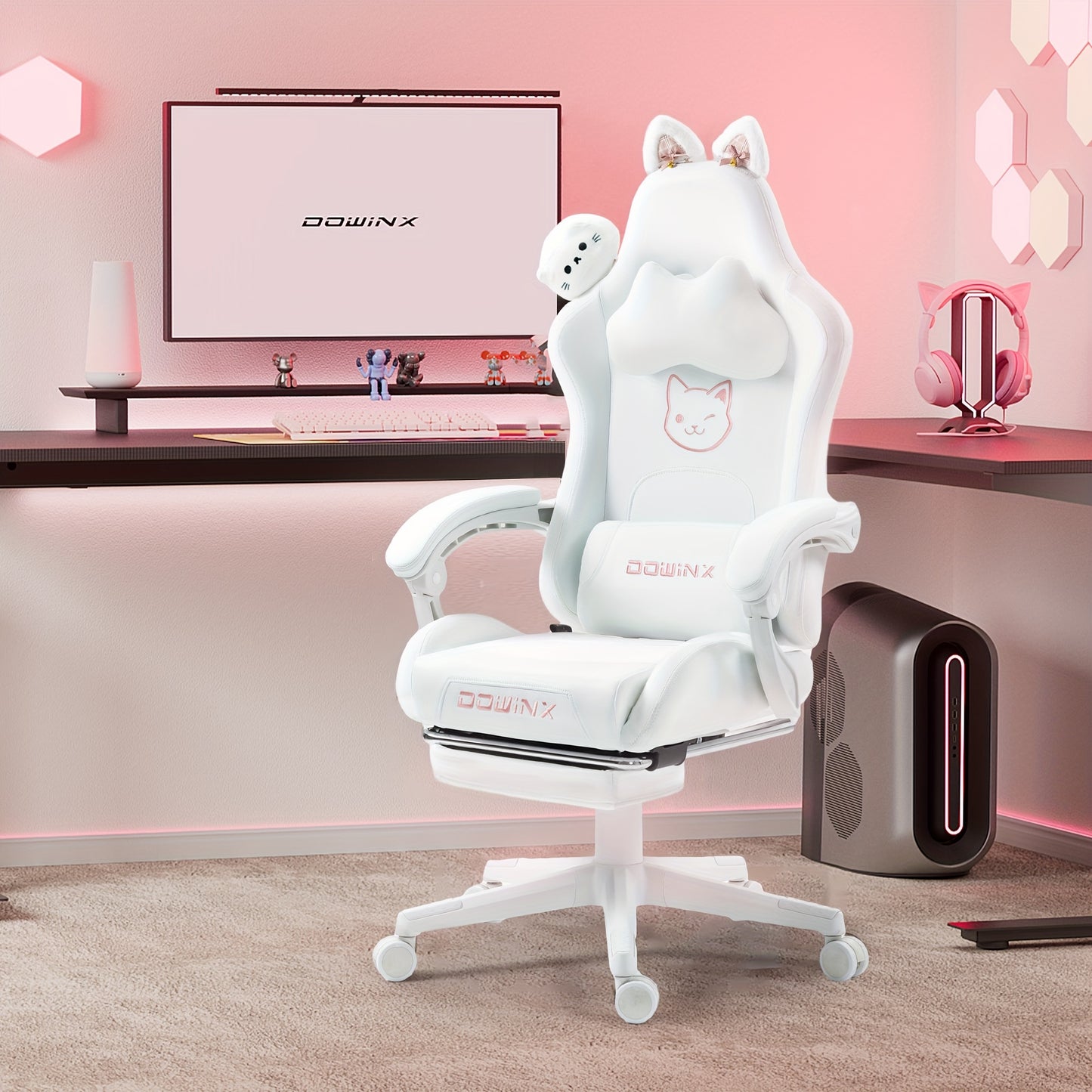 Dowinx Gaming Chair Cute with Cat Ears and Massage Lumbar Support, Ergonomic Computer Chair for Girl with Footrest and Headrest, Comfortable Reclining Game Chair 290lbs for Adult, Teen Back-to-school Season Gift, School Suppl
