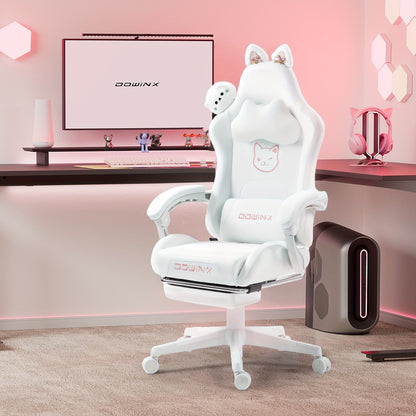 Dowinx Gaming Chair Cute with Cat Ears and Massage Lumbar Support, Ergonomic Computer Chair for Girl with Footrest and Headrest, Comfortable Reclining Game Chair 290lbs for Adult, Teen Back-to-school Season Gift, School Suppl