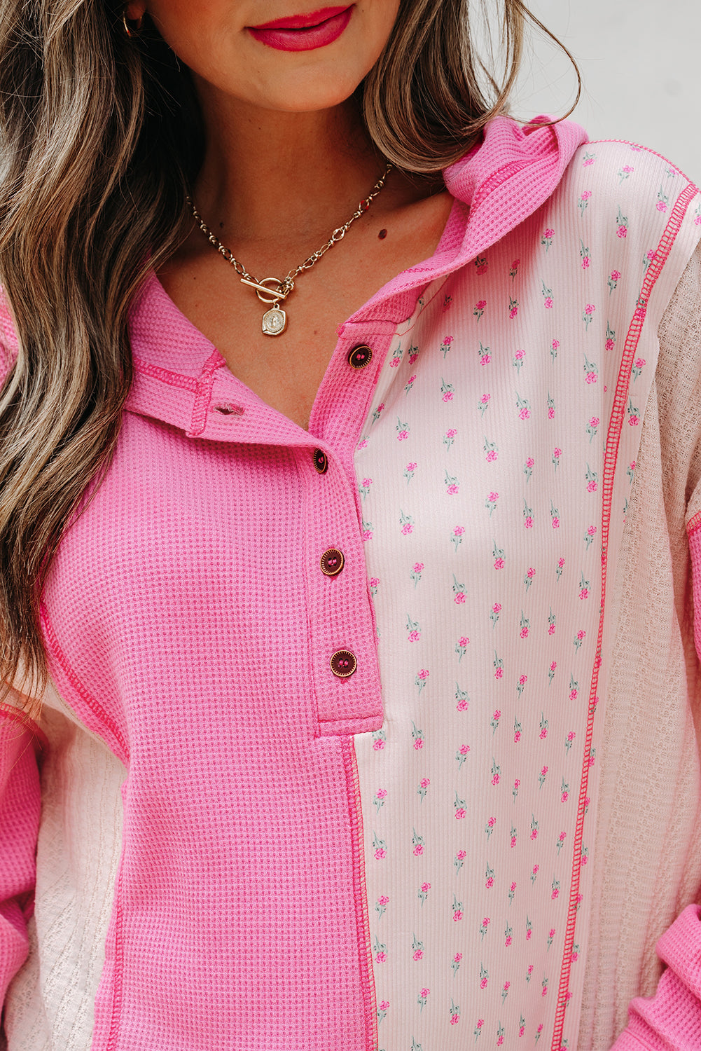 Pink Mixed Texture Waffle Floral Patchwork Hooded Oversize Pullover