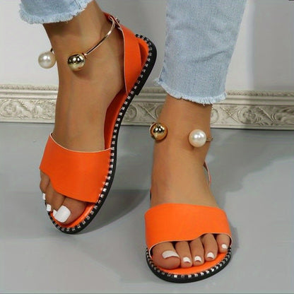 Sandales plates pour femmes, chaussures de plage à perles unies, mules à bride arrière pour la Fête du Roi