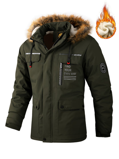 Herren-Winterwindjacke mit warmer Kapuze – Bordeauxroter Outdoor-Mantel mit Reißverschluss, Stehkragen, mehreren Taschen, lässig-sportliches Design für kaltes Wetter, Winterjacke