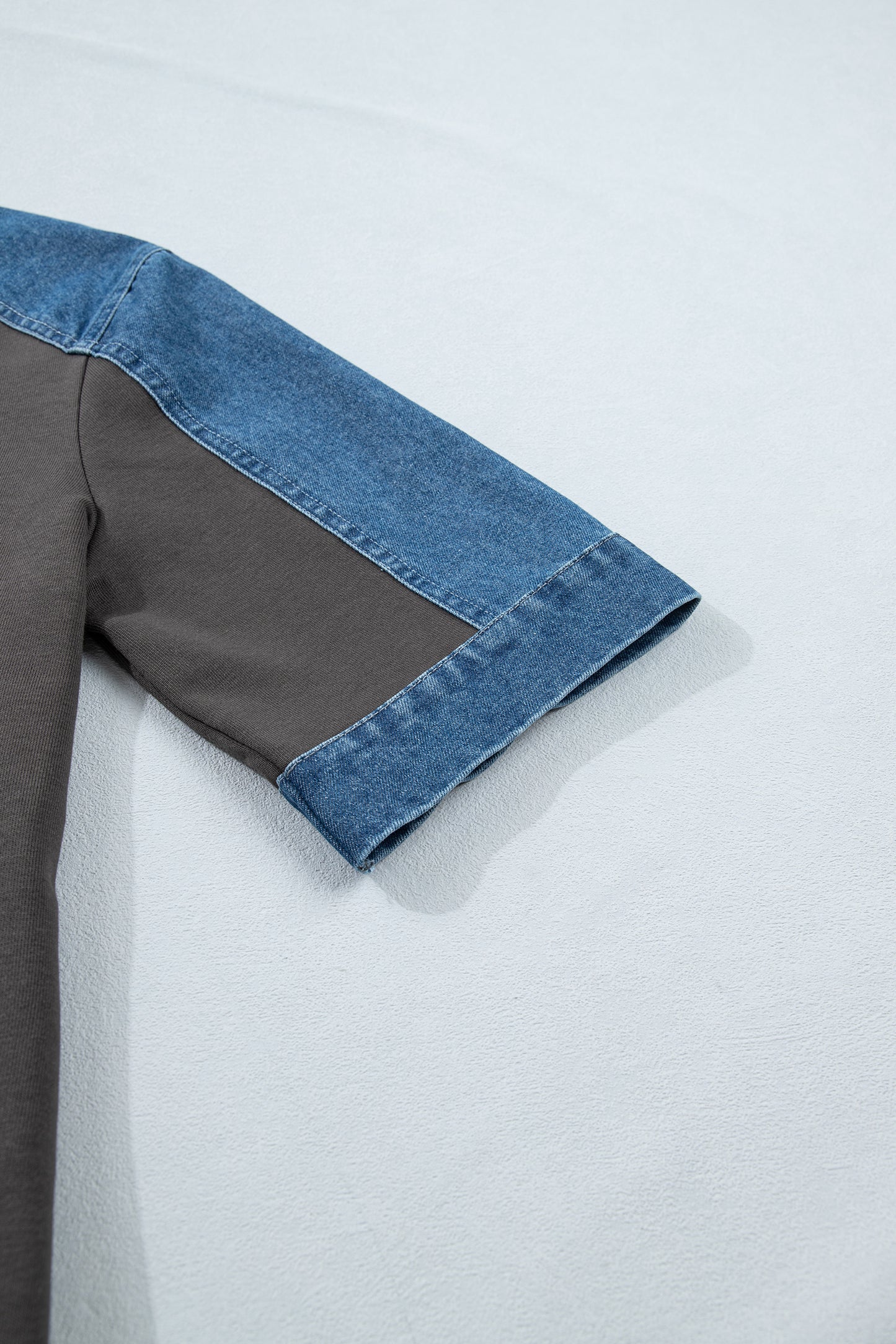 Carbon Grey Color Block Denim Patchwork Polo Collar T Shirt Shift Dress