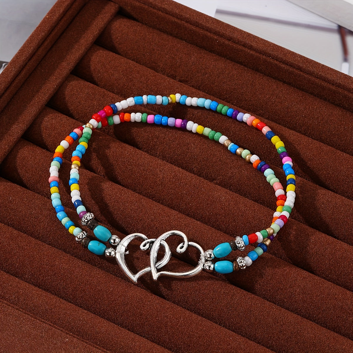 3 Pcs Shimmering Heartfelt Multicolor Beaded Anklet Set - Fashion Delicate Hollow Double Heart Design With Mini Seed Beads, Adjustable Elastic Boho Chic Anklets, Women Anklets, Surf Anklet, A Charm For Everyday Wear And Vacat