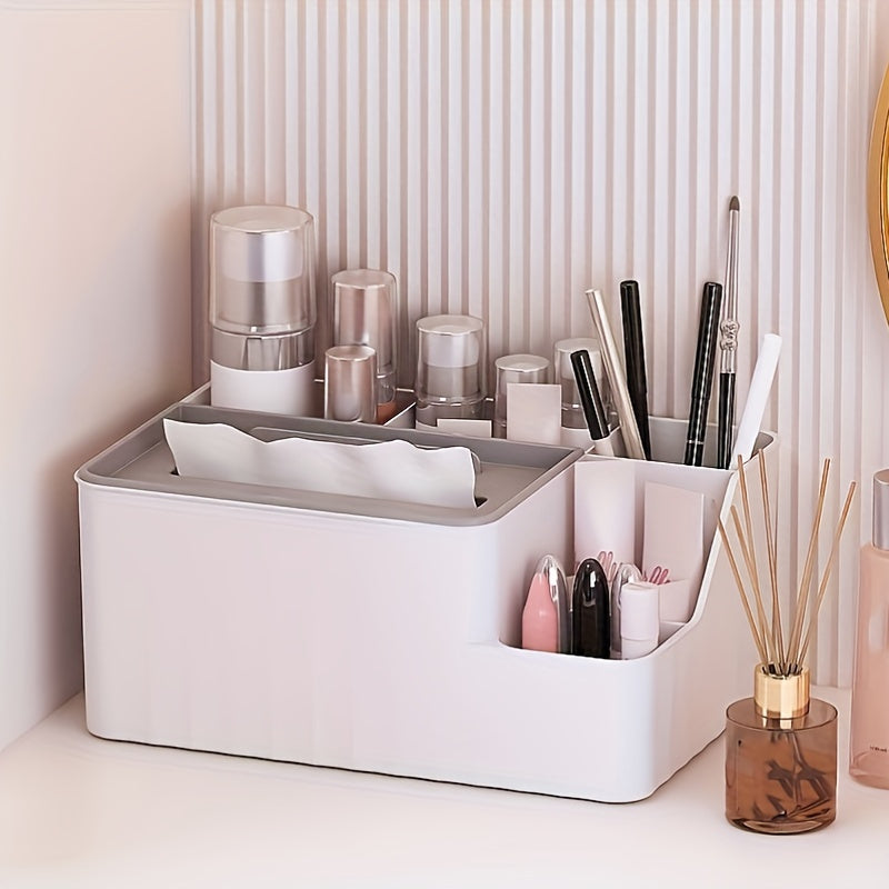 Multi-Purpose Desktop Organizer with Flip Lid - Plastic Wipes Dispenser, Tissue Box Holder for Office, Bedroom, Bathroom & Kitchen Storage