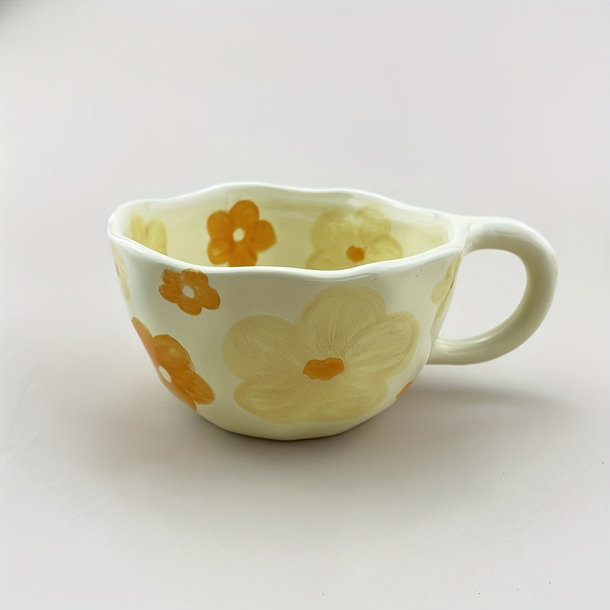Ceramic Coffee Cups | Hand Pinched Irregular Flower Milk Tea Cup, Korean Style Oatmeal Breakfast Mug, Insulated, Reusable Drinkware for Adults