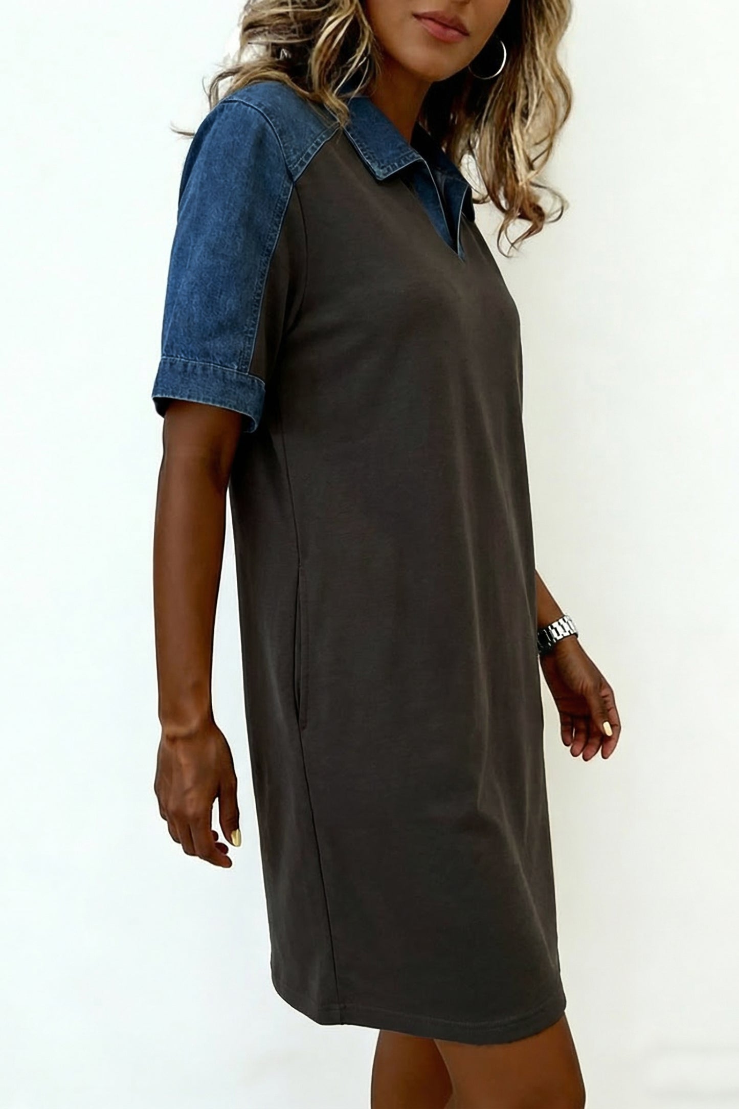 Carbon Grey Color Block Denim Patchwork Polo Collar T Shirt Shift Dress
