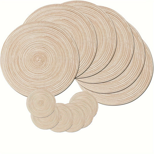 12pcs Round Braided Placemats Washable Round Placemats For Kitchen Dining Table, Round Indoor Woven Fabric Table Mats, Gifts For Mom Grandma, Valentines Bachelorette, DIY Craft Art Decor, Birthday Thanksgivings Christmas Gift