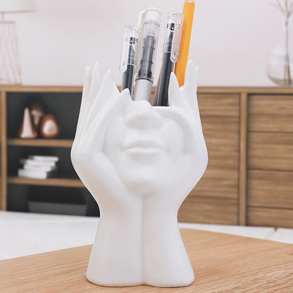 1pc Resin Art Pen Holder in Face-Holding Design - Elegant Home Decor Accent, Available in White, Golden, and Black - Perfect for Organizing Writing Instruments, Pens for Writing