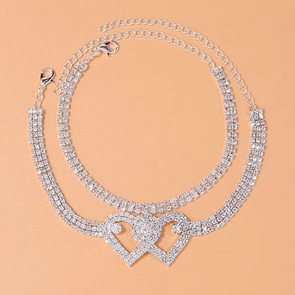 2pcs Trendy Style Double Heart Rhinestone Decor Anklets, Shiny Multi Layer Double Heart Crossed Anklets, Foot Chain Jewelry Accessories