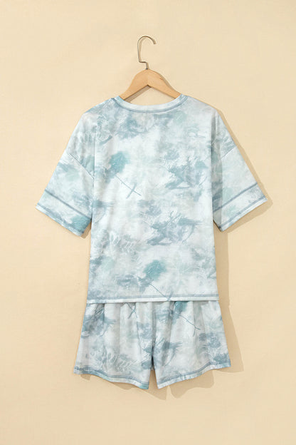 Green Casual Camouflage Short Sleeve Elastic Waist 2pcs Set
