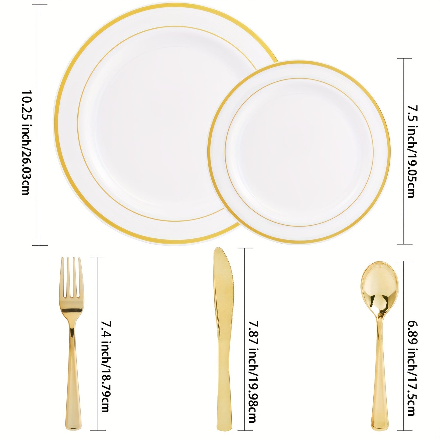 50pcs Gold Plastic Plates with Silverware, Gold Dinnerware Set Perfect for Wedding Includes: 10 Dinner Plates 10.25", 10 Salad Plates 7.5", 10 Gold Silverware Sets, White Gold Plates for Party, Holidays, Hand washable and reu