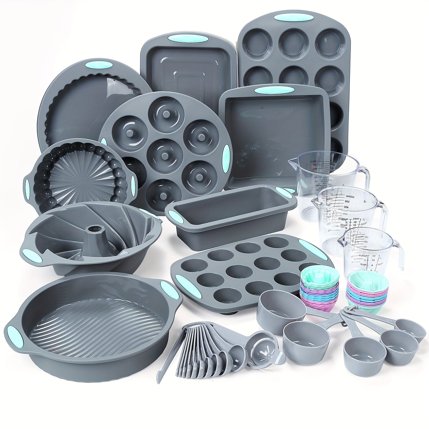 45pcs Silicone Baking Set, Nonstick Bakeware Set Baking Cookie Sheets Cake Muffin Bread Pan, Loaf Pan, Cake Pan, Pizza Pan, Mini Cupcake mold, Bundt pan, Charlotte Cake Pan, Measuring Cup and Spoon