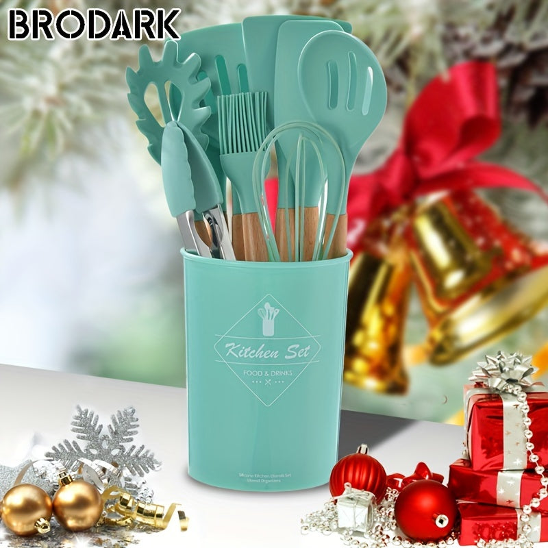 12pcs/set, Brodark, Silicone Cooking Utensils Set With Wooden Handle, Colorful Non-stick Pot Special Cooking Tools Set, Heat Resistant Turner, Tongs, Spatula, Spoon, Oil Brush And Whisk, Kitchen Supplies, Suitable For Restaur
