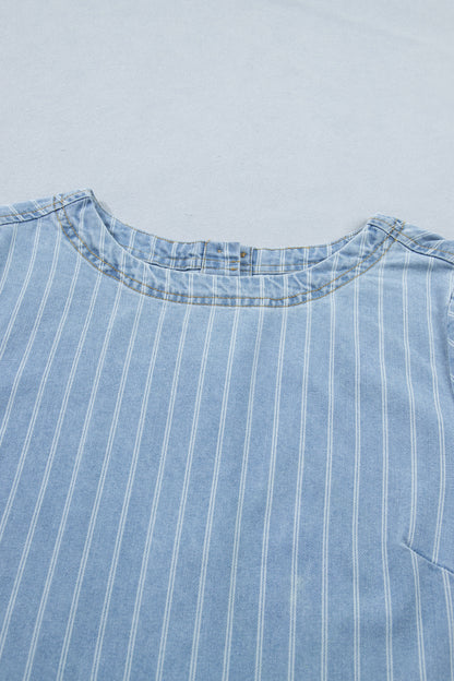 Sky Blue Stripe Buttoned Back T-Shirt Denim Mini Dress