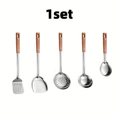 5pcs Stainless Steel Kitchen Utensil Set with Wooden Handles - Durable Metal Cooking Tools Including Slotted Turner, Solid & Slotted Spoons, Rice Paddle - Non-Electric, Rust-Resistant Cookware Accessories