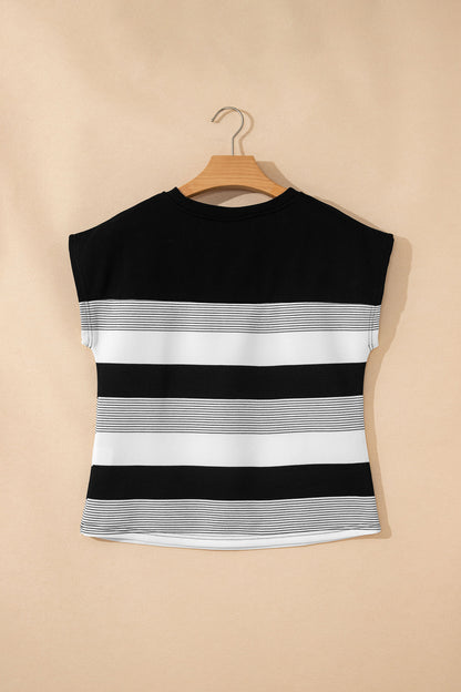 Black Stripe Mixed Print Crew Neck Cap Sleeve T Shirt