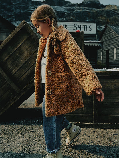 Mädchen-Lammfelljacke | JOMAKE Koreanischer Stil, Reverskragen, zweifarbig, warmer Windbreaker mit Taschen, Futter, Knopfverschluss, lange Ärmel für den Winter
