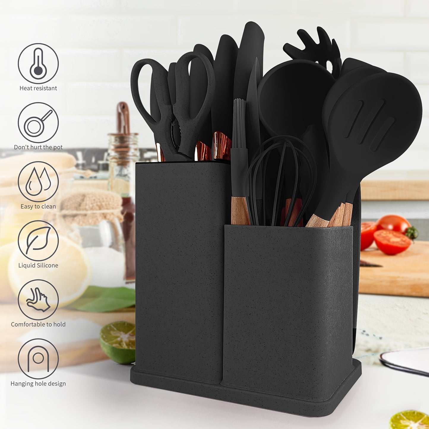 19-Piece Premium Heat-Resistant Silicone Kitchen Utensil Set With Wooden Handles, Chef Knifes, Non-Stick Friendly Cooking Tools, and Bamboo Storage Bucket