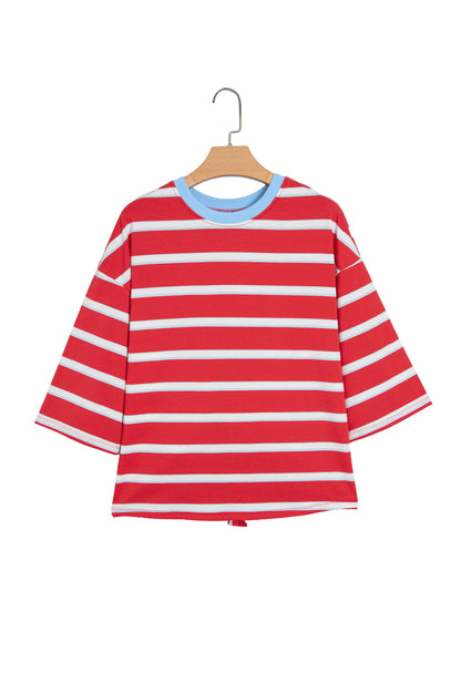 Racing Red Striped Bow Tie Hollowed Back 7/8 Sleeve Casual T-Shirt