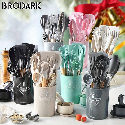 34pcs/set, Wooden Handle Silicone Kitchenware Set, Kitchen Baking Cooking Tools Set High Temperature Resistant Non-stick Pot Special Kitchenware, Kitchen Stuff Baking Supplies