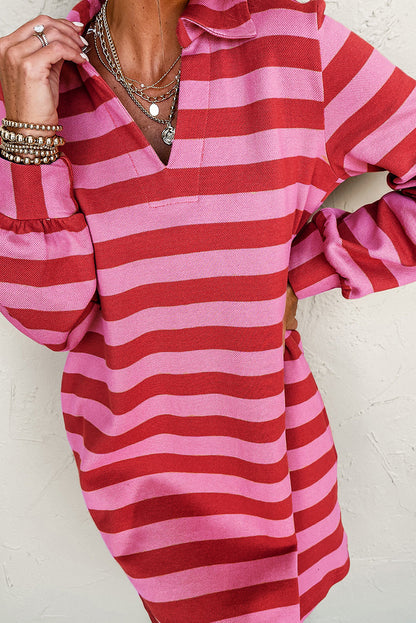 Red Stripe Polo Neck Shift Fit Sweatshirt Dress with Side Pockets