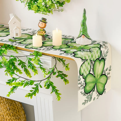 1pc, Linen Table Runner, Shamrocks Eucalyptus Buffalo Plaid Table Runner, Heart Shamrock St. Patrick's Day Table Runner, Seasonal Spring Holiday Kitchen Dining Table Decoration For Indoor Outdoor Home Party Decor