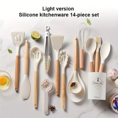 12pcs/set, Brodark, Silicone Cooking Utensils Set With Wooden Handle, Colorful Non-stick Pot Special Cooking Tools Set, Heat Resistant Turner, Tongs, Spatula, Spoon, Oil Brush And Whisk, Kitchen Supplies, Suitable For Restaur