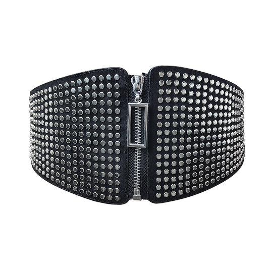 Breiter, elastischer Nietengürtel für Damen, Gothic-Taillengürtel in Übergröße, Stretchgürtel, langer Damengürtel für Damen, Korsettgürtel