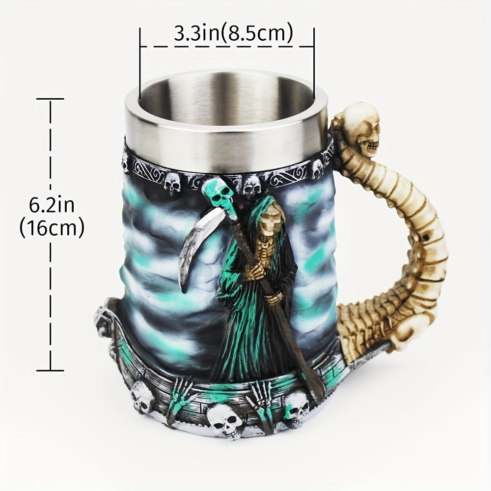 1pc, Death Coffee Mug, 20oz 304 Stainless Steel Resin Coffee Cups, Horror Grim Reaper Water Cups, Summer Winter Drinkware, Home Kitchen Items, Birthday Gifts, Halloween Gifts