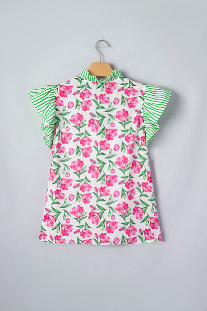 Multicolour Sweet Floral Print Striped Ruffle Trim V Neck Blouse