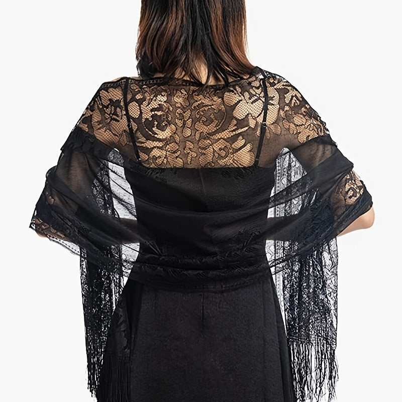 [Schal aus floraler Spitze mit Quasten] Damen-Schal aus floraler Spitze mit Quasten, weicher Netzstoff mit Fransen, Brautschal für Hochzeits- und Abendkleider