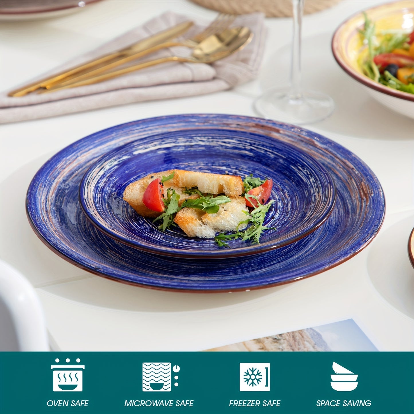 18pcs Dinnerware Set, Stoneware Hand Painted Tableware, Dining Plate Bowls Set, For Home Kitchen Restaurant Hotel, Kitchen Supplies, Tableware Accessories