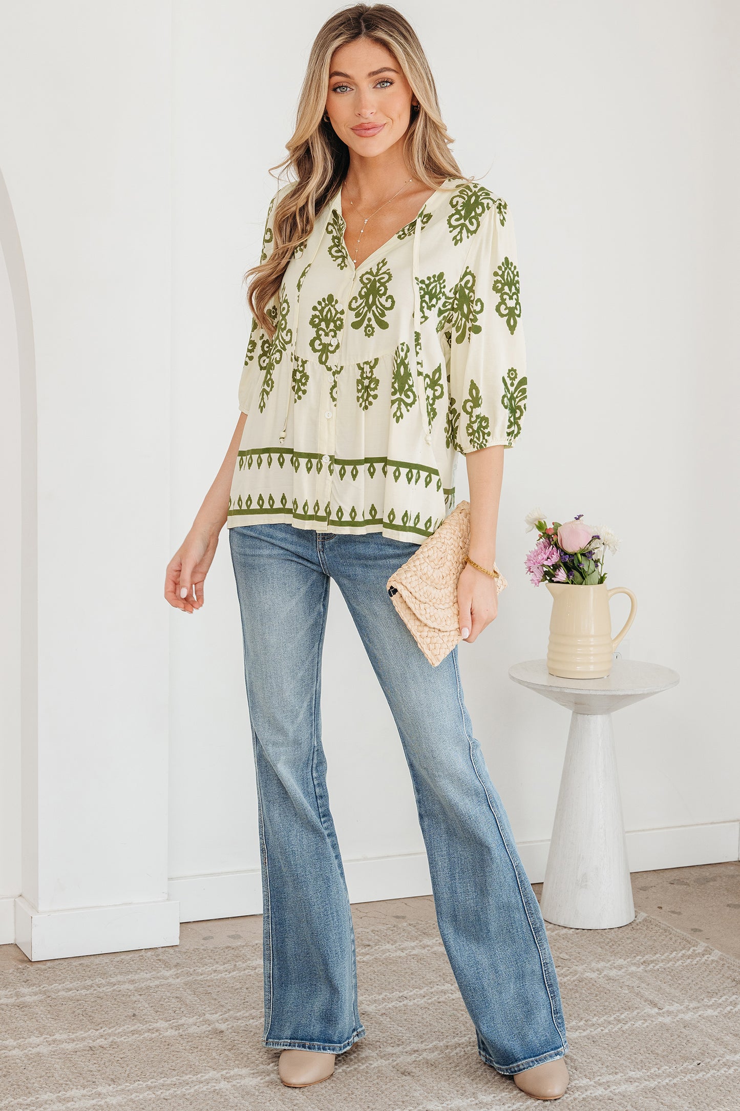 Apricot Floral Print Tie V Neck Button Down Puffy Half Sleeve Shirt